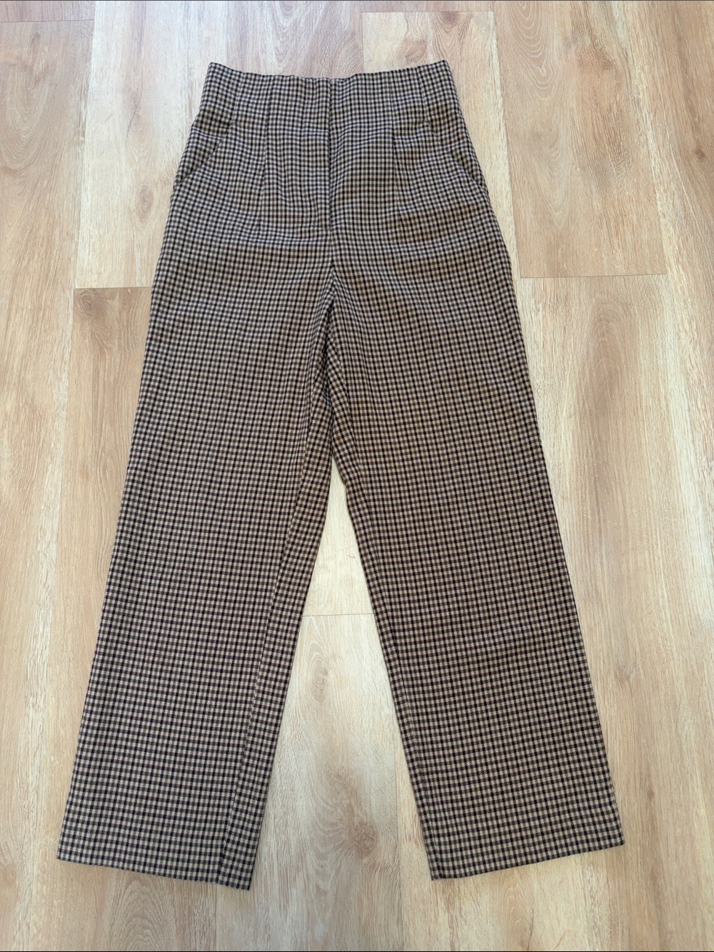Zara High-Waist Checked Straight-Leg Pants - Brown/Maroon